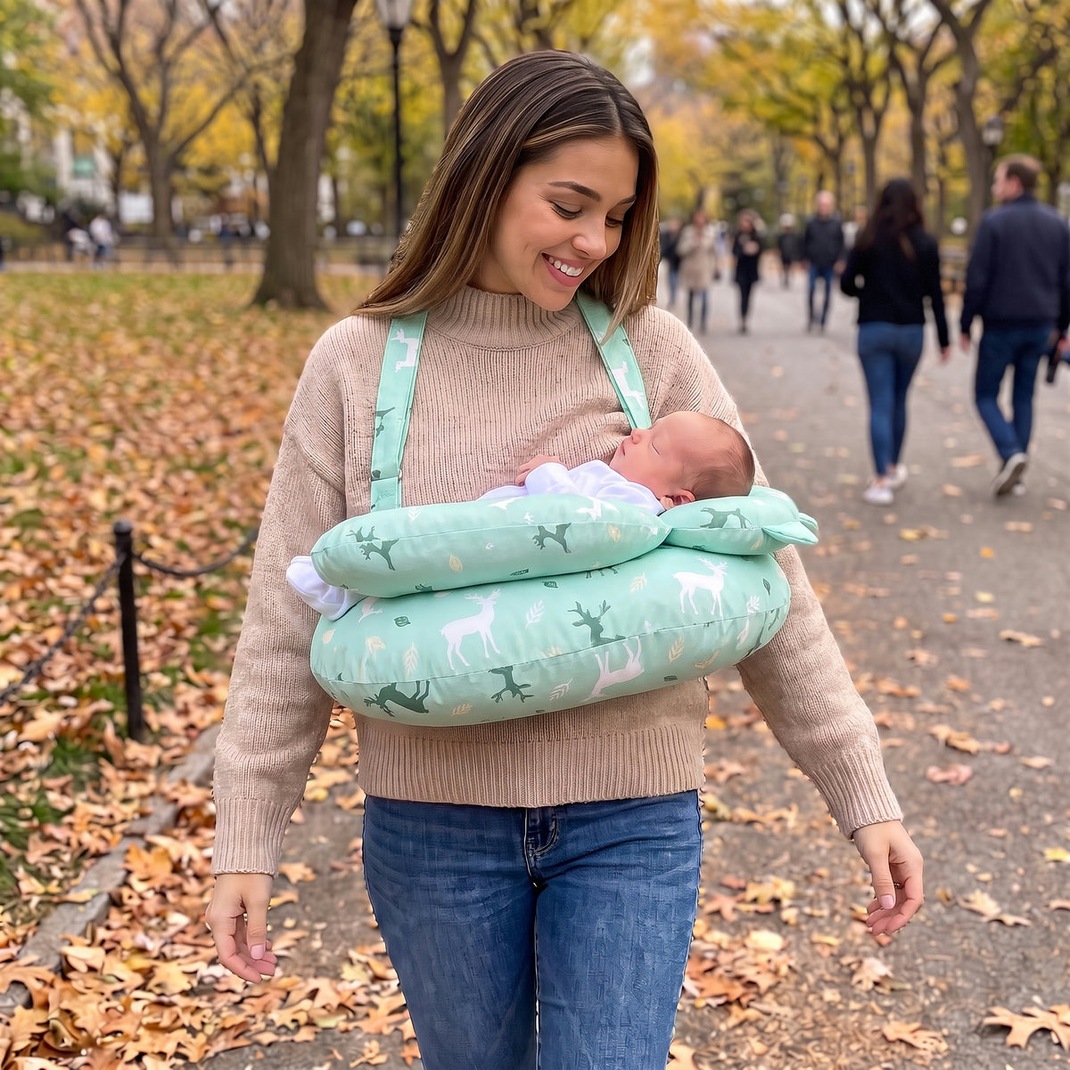 Mom walking in the park wearing the Oinkie nursing pillow with her baby