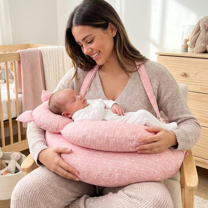 Oinkie nursing pillow worn by a mom with her baby